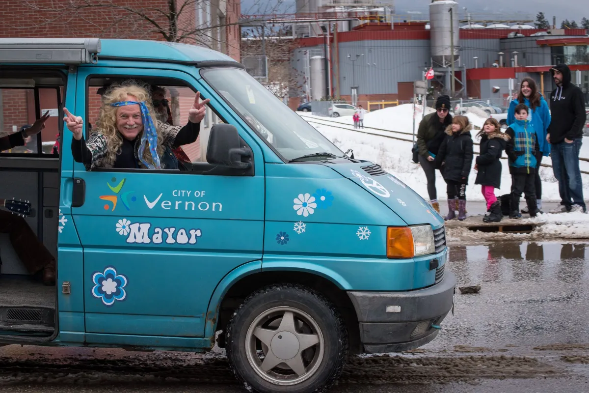 A picture of the Mayor of Vernon during the Vernon Winter Carnival Parade